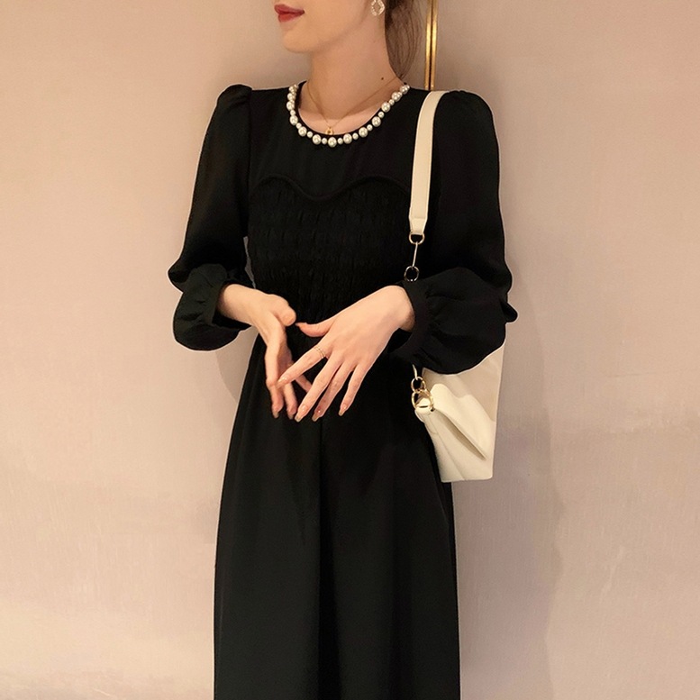 ワンピース レディース ロングワンピース パールネック シフォン ドレス ひざ下丈 ラウンドネック