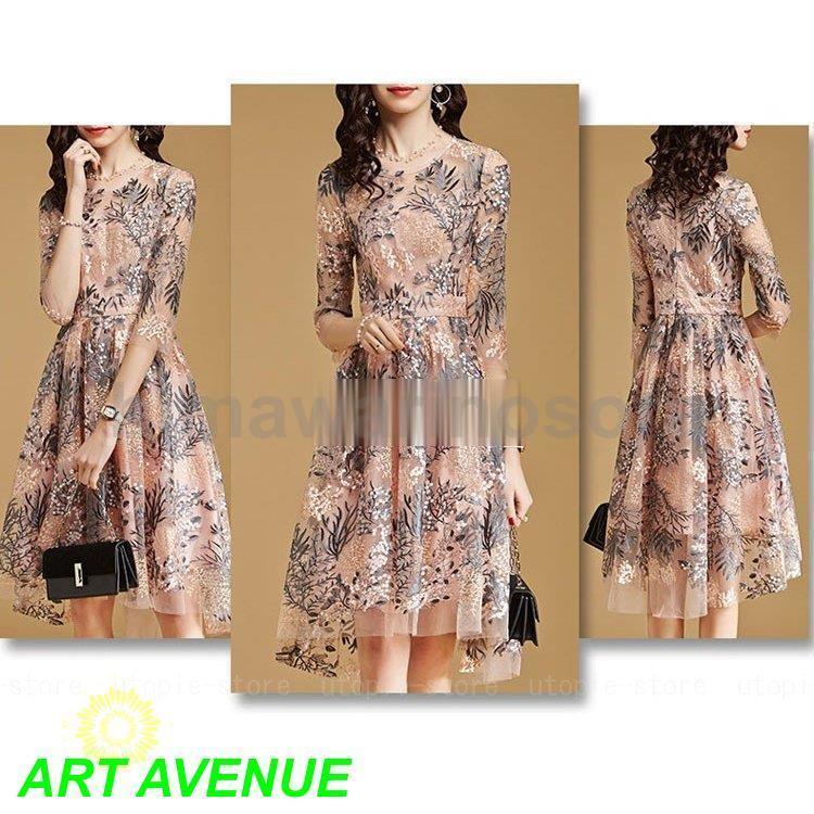 ワンピースドレス レディース 40代 秋服 きれいめ 膝丈ワンピース 七分袖 花柄 レース刺繍ワンピース Aライン ロング丈 結婚式ドレス パーティー オシャレ