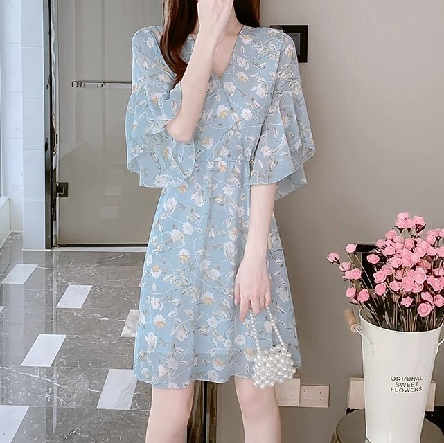 ワンピース レディース ミニワンピース S M L XL 韓国 ショート丈 五分袖 Vネック シフォン かわいい 大人可愛い きれいめ 上品 エレガント 清楚 フェミニン おしゃれ お洒落 お嬢様