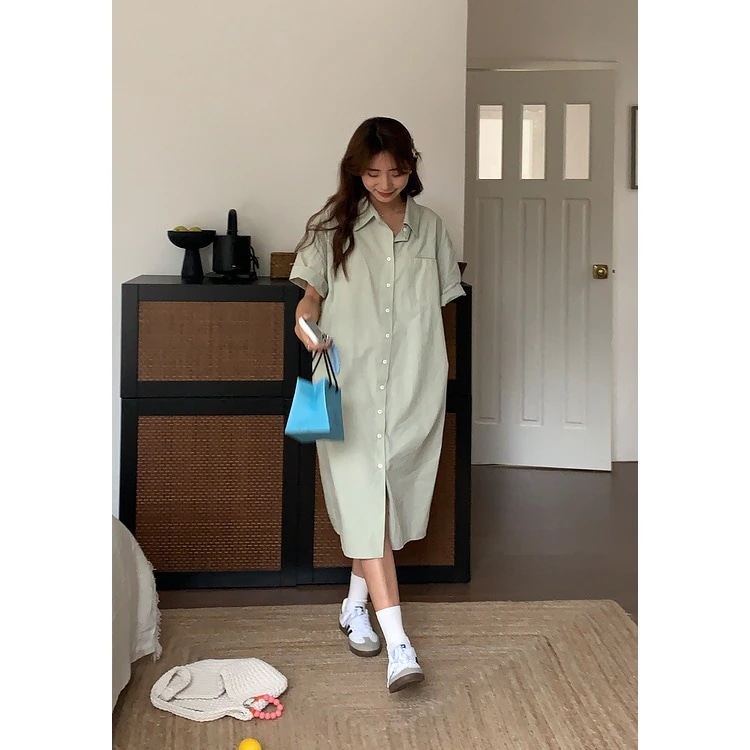 ョン シャツワンピース ロングワンピースレディースファッシ韓国 ワンピースゆとりですレジャーです ワンピース 夏