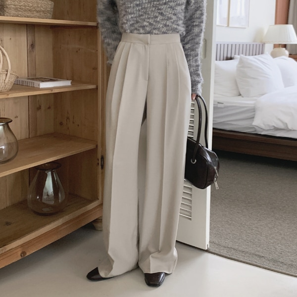 韓国ファッション ベーシック ハイウエスト ピンタック ワイド スラックスパンツ