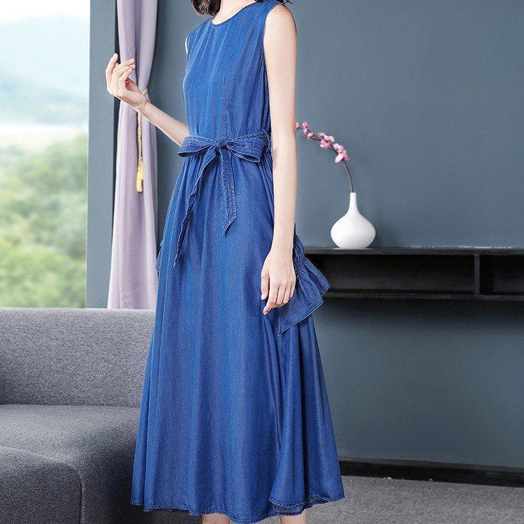 夏 ワンピース ノースリーブ テンセル デニム デニムワンピース 薄手 お洒落 綺麗め ロングワンピース ロング丈