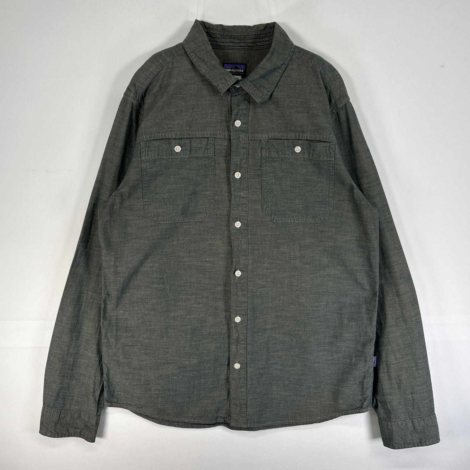 古着 長袖シャツ シャンブレー 胸ポケ ボタンダウン M グリーン系 無地 メンズ