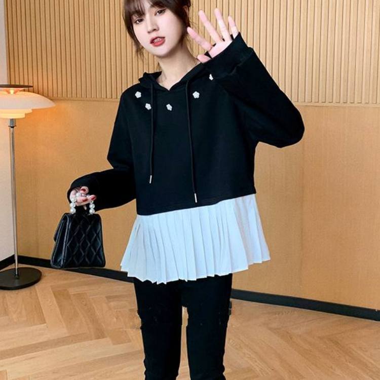 トップス プルオーバー パーカー フーディー 袖あり 長袖 萌袖 Vネック 切り替えデザイン プリーツ フード付き リブ かわいい 大人可愛い きれいめ シンプル カジュアル 大人 上品