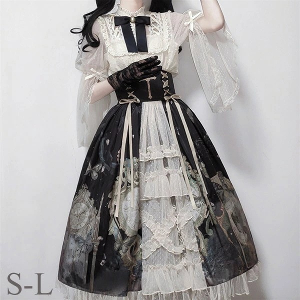 【品質良い 大好評中】ロリータ 黒ロリ ワンピース Aライン Lolita 女の子 コスプレ ミモレ丈 レディース コスチューム 衣装 かわいい 可愛い フリル 仮装 パーティ イベント 森ガール 可