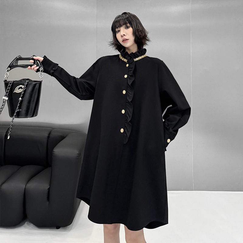秋新作 上品 高級デザイン感 シャツワンピース 日系 大きいサイズ 体型カバー ブラウス 韓国ファッション 百掛け 着痩せ ロングTシャツ スウェット