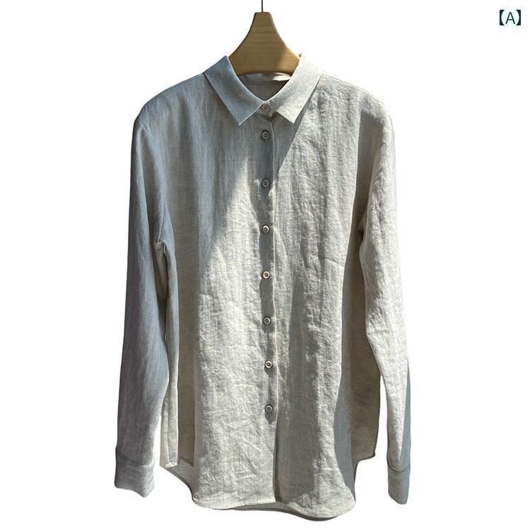 レディース　シャツ　トップス リネンシャツ レディース 長袖 スタイル ピンク トップス カジュアル 薄手 ジャケット レトロ ブルー シャツ