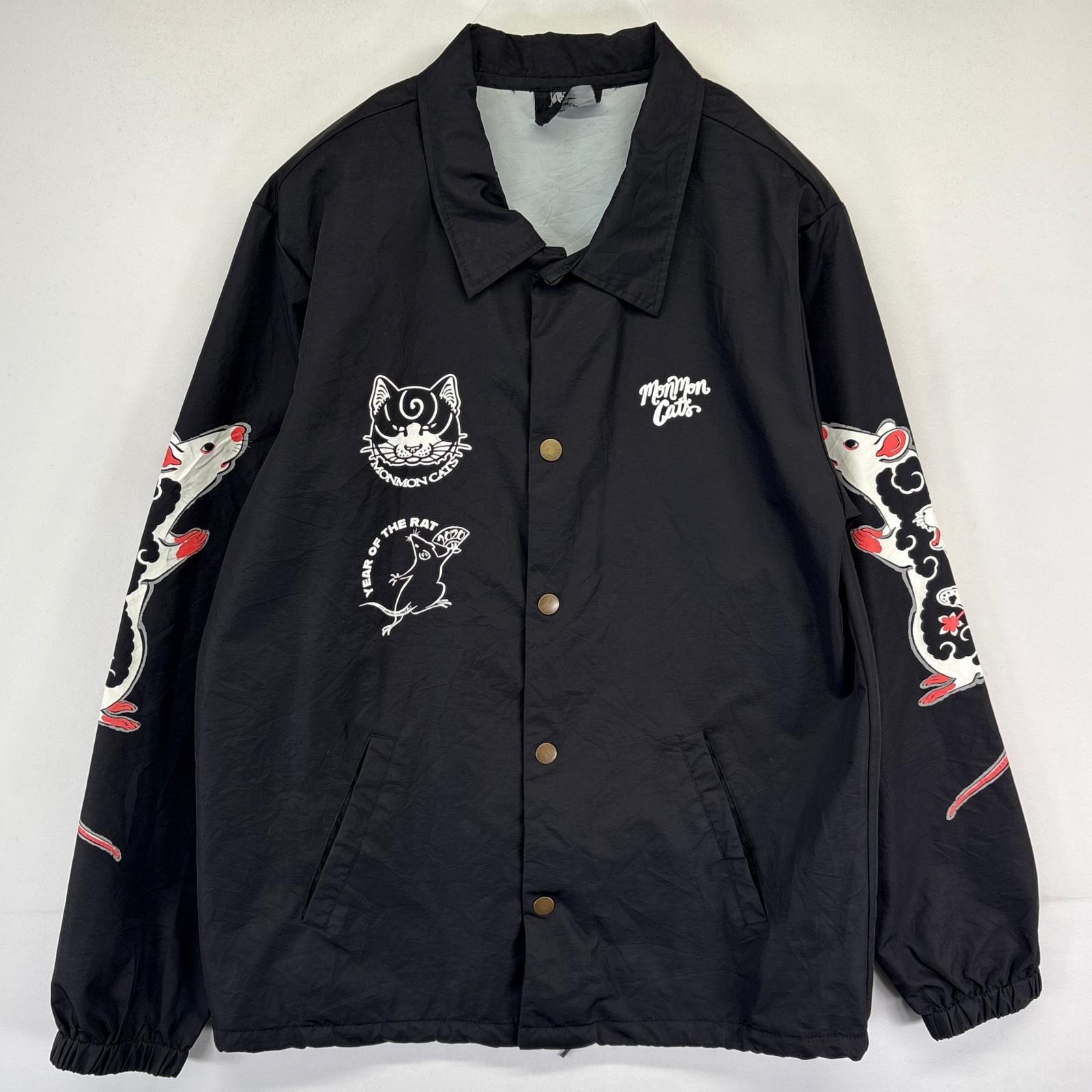 古着 モンモンキャッツ Monmon Cats ジャケット スナップボタン ネコプリント ナイロン コーチ HORITOMO M ブラック系 プリント メンズ