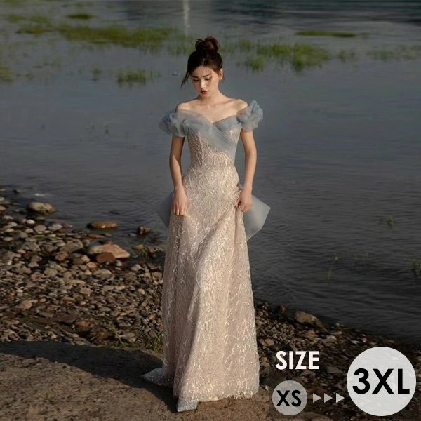 レディースドレス 大人 ピアノ発表会 演奏会 ロング丈 結婚式 半袖　編み上げ ワンピース 二次会 女子会 成人式 おしゃれ 可愛いロングドレス 袖あり お呼ばれ 20代 30代