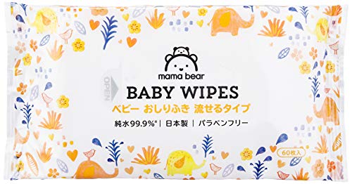 Mama Bear ベビー おしりふき 純水99.9% 流せるタイプ 日本製 パラベンフリー 無香料 60枚入x24個 (1440枚) [ケース品]