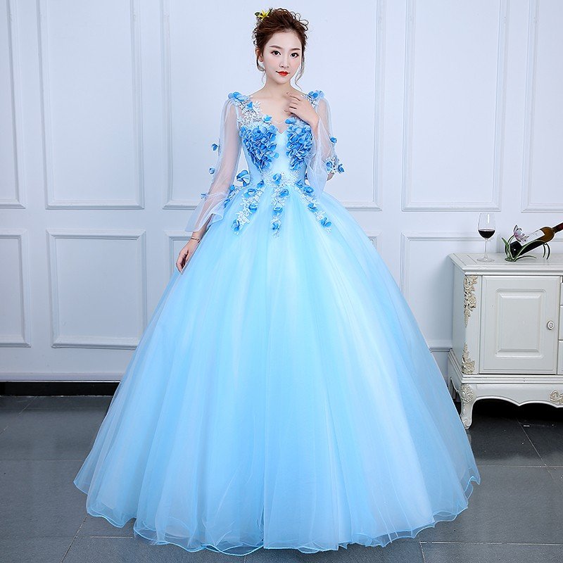 カラードレス ロングドレス二次会 パーティードレス 花嫁 ウェディングドレス コンサート 披露宴 結婚式 演奏会ステージ衣装 ブルー