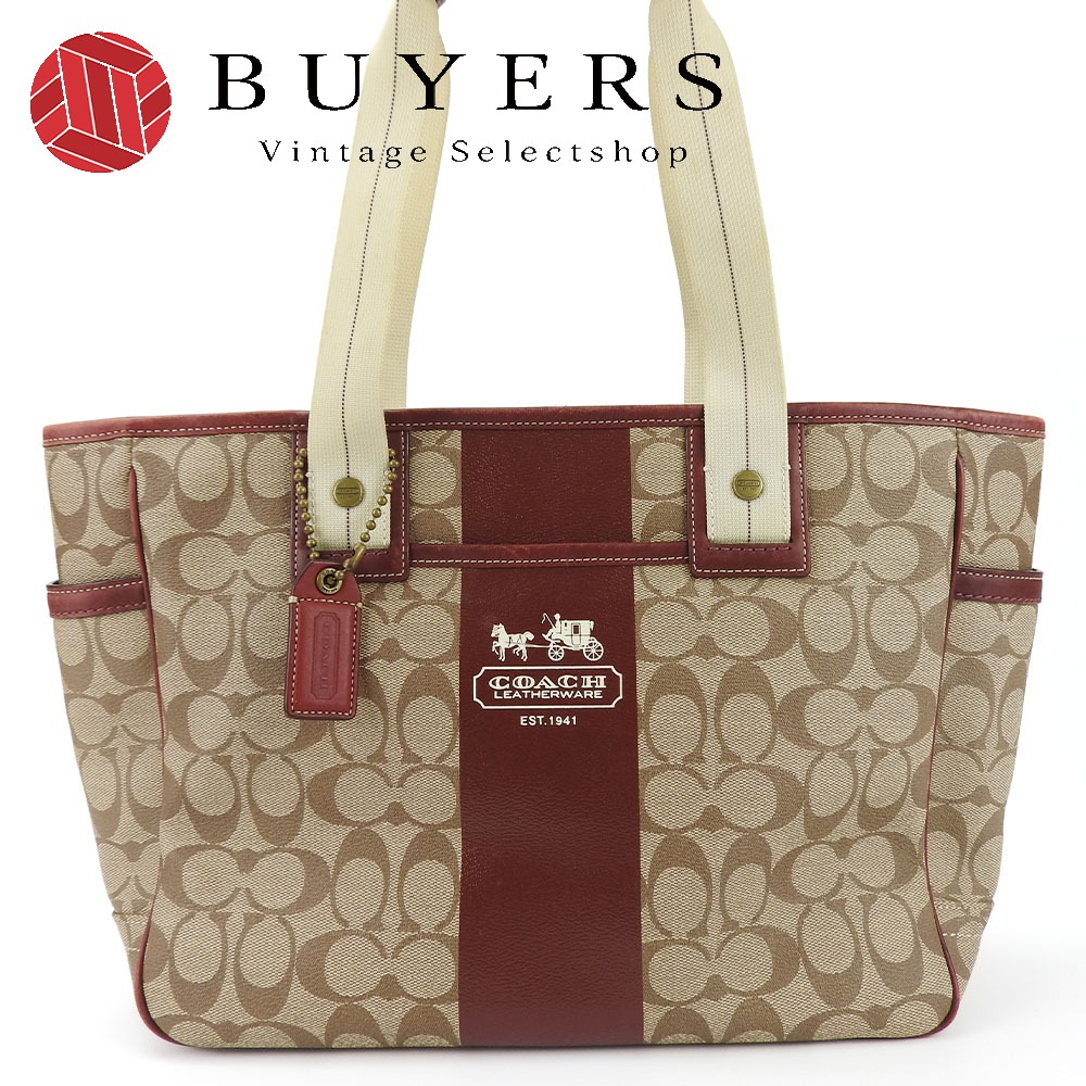 中古 トートバッグ ヘリテージ ストライプ 70072 PVC レザー ブラウン ベージュ ゴールド金具 シグネチャー カジュアル レディース 女性