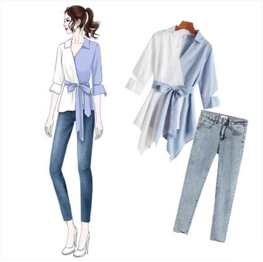 【セットアップ】ジーンズ＋リボンブラウス ツーピース a300