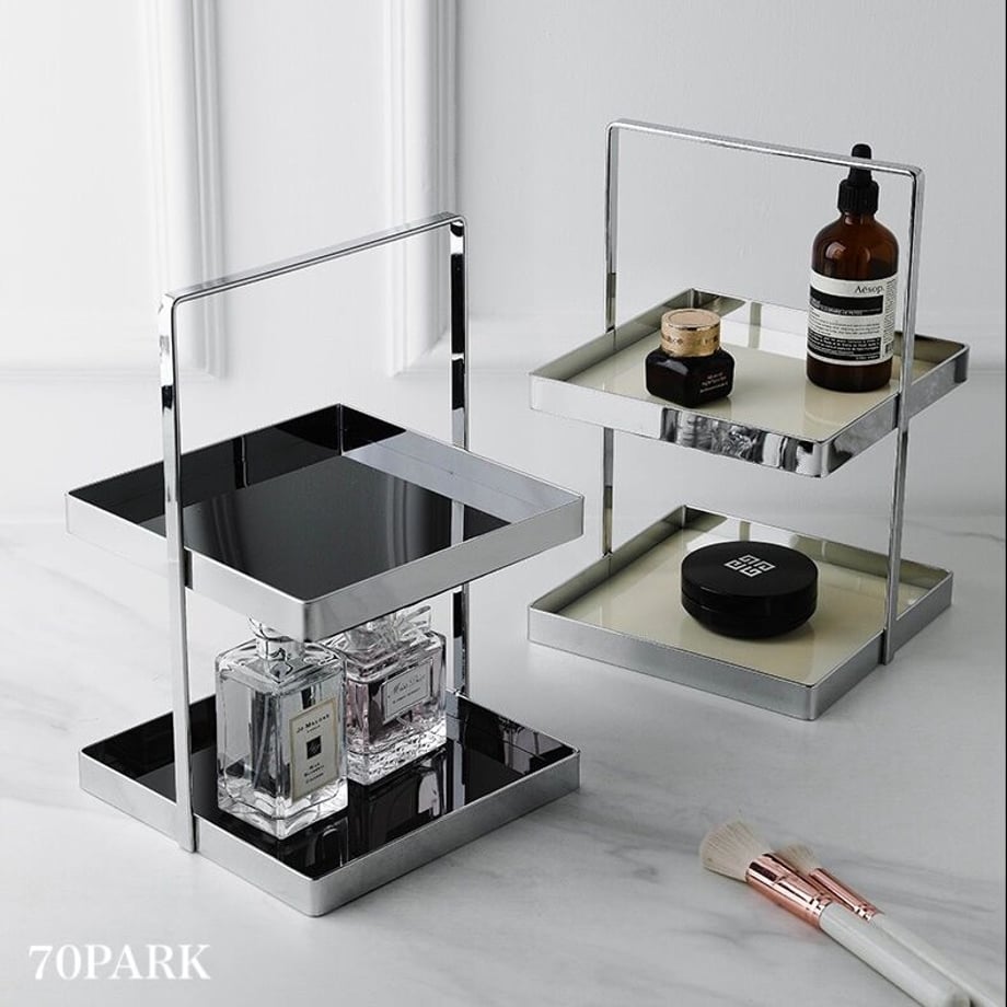 持ち手付き シルバー フレーム スクエア 二段 収納 ラック 全2色 おしゃれ 韓国インテリア 韓国雑貨 韓国っぽ インテリア雑貨 韓国