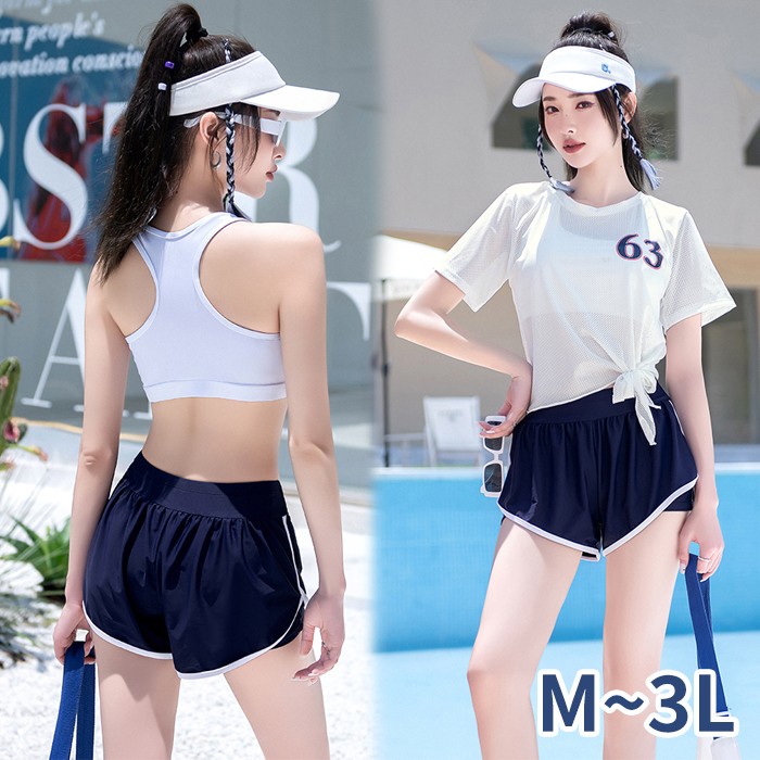 水着 レディース 　体型カバー 中学生 高校生 3点セット 半袖シャツ ラッシュガード ママ水着 セパレート ショートパンツ 10代 20代 韓国ファッション セクシー感 小胸 二の腕カバー