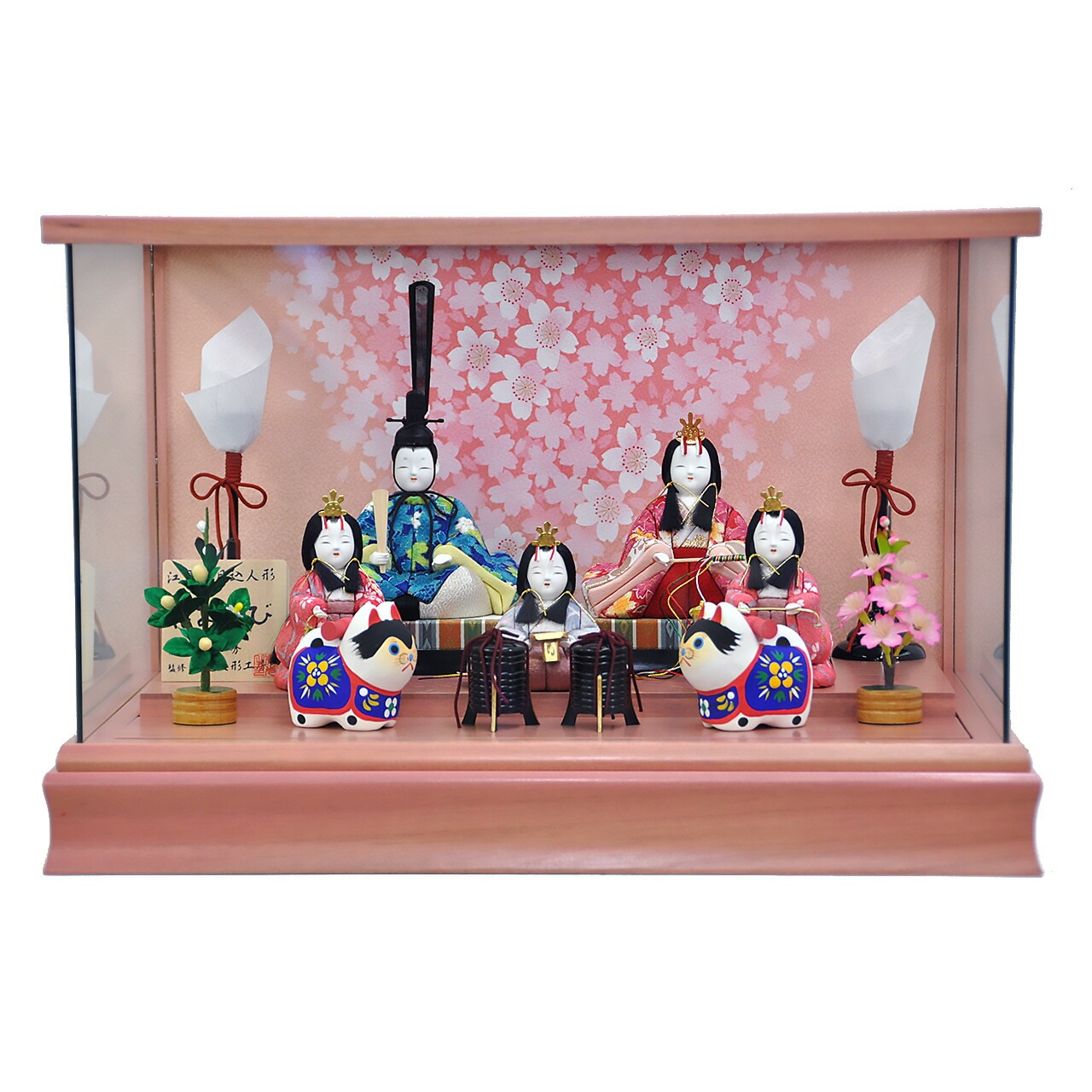 雛人形 ひな人形 お雛様 おひなさま かわいい 手作り 2025年 新作 秀光 限定品 送料無料 コンパクト ミニ 初節句 ひな祭り 木目込 一秀 五人 5人 ケース ピンク 男雛 女雛 狛犬 こま犬
