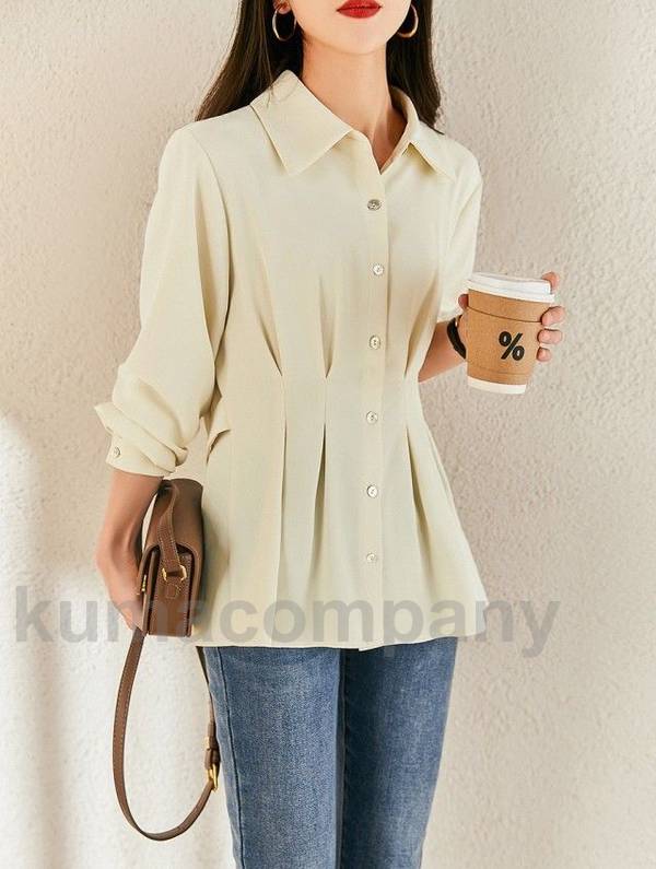 【韓国ins大人気】襟付き バックプリーツ ブラウス シャツ レディース 長袖 トップス 大きいサイズ ウエストマーク 通勤服 オフィス レギュラーカラー カジュアル シンプル おしゃれ きれいめ 韓