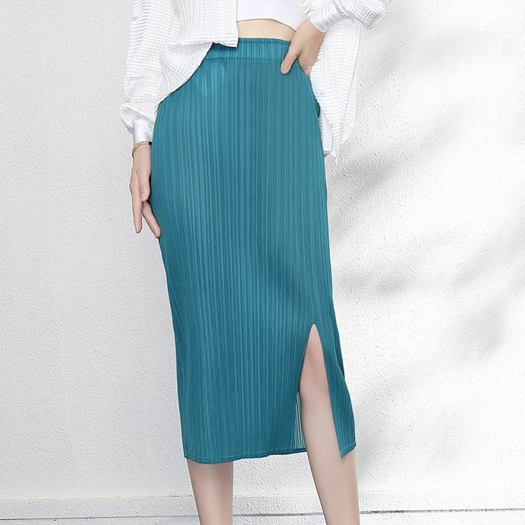 【送料無料】学校 フリーサイズ 無地 ブルー グリーン タイト ミディアム丈 ひざ下 秋 夏 春 ペンシルスカート プリーツスカート ボトムス