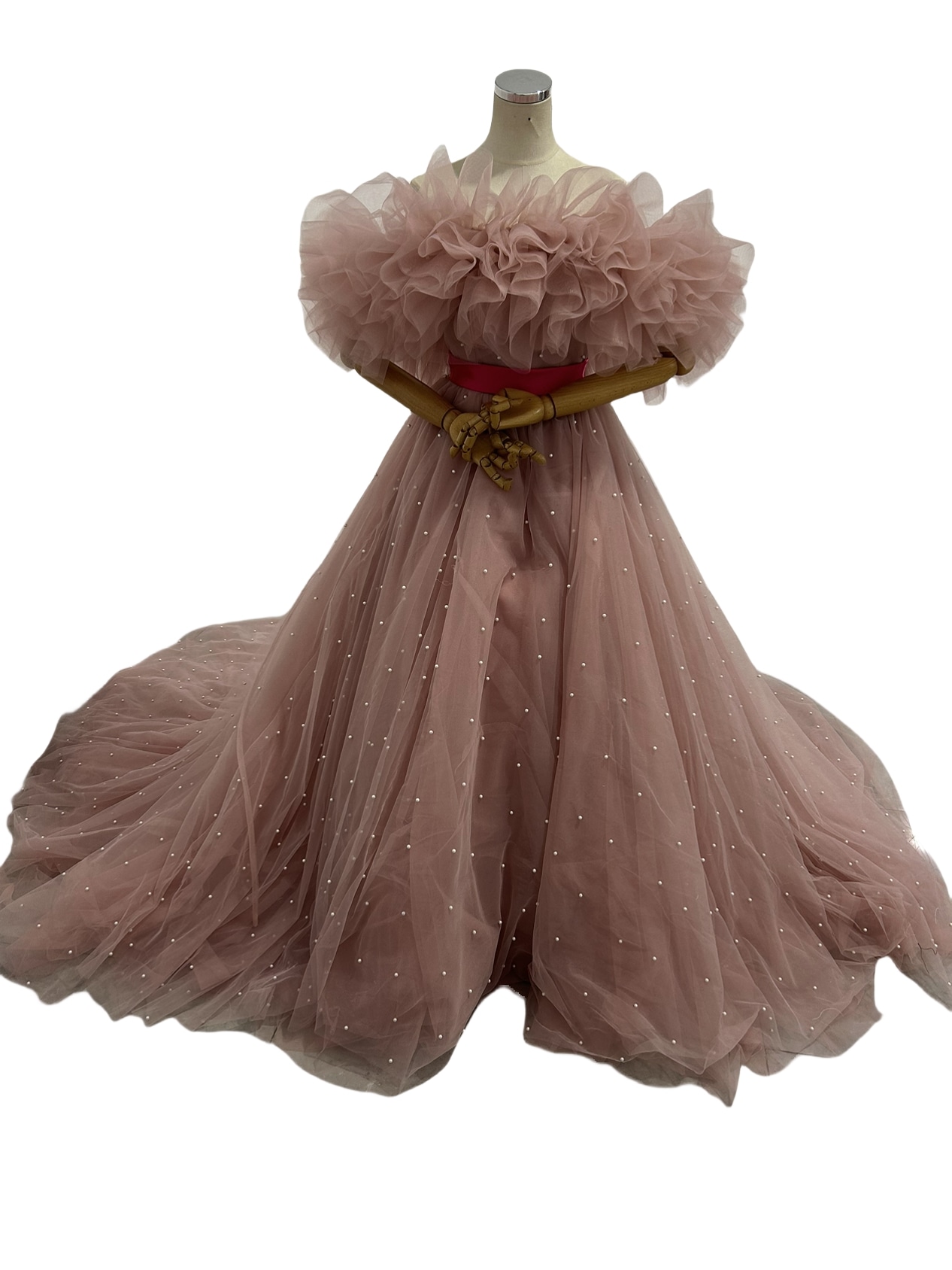 カラードレス ピンク パール チュールドレス サッシュベルト 取り外しオフショルダー 前撮り