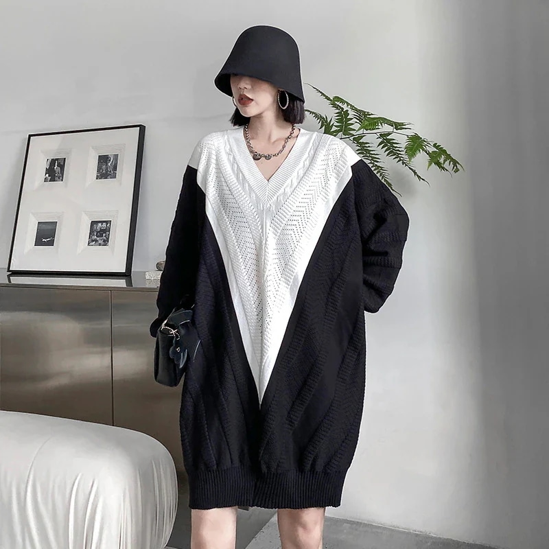 おしゃれ Vネック ロングワンピース ワンピース 気質 カジュアル ゆったり 新作 コントラストカラー ニットワンピース