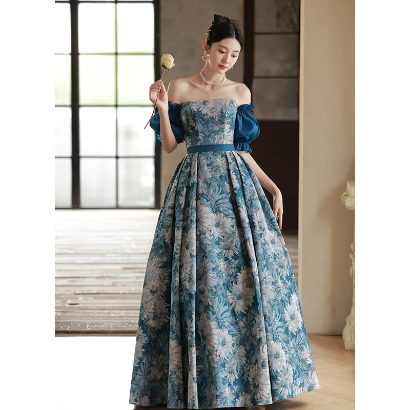 イブニングドレス オフショルダー ブルー プリント花柄 オシャレ 演奏会ドレス 発表会ドレス ロングドレス オフショル 花柄 キレイめ 高級感 パーティードレス 結婚式ドレス 二次会ドレス XS S