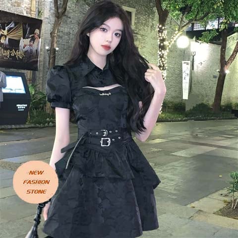 キャミソールスカート小柄ワンピース甘辛カン肩ミニ黒スカート2枚セット夏