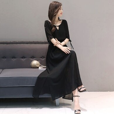 ワンピース レディース 送料無料 3色ロングワンピース マキシ丈 フレアワンピースシフォン レースアップ ５分袖 半袖 キーネック スタンドカラー キャンディスリーブ 二の腕カバー ゆったり 楽ちん