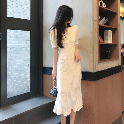 ドワンピース ドレス マーメイド 膝下丈 袖あり フリル 半袖 Vネック 襟なし Vネック 胸元ギャザー レモンイエロー 個性的 レース 柄 春 夏 秋 冬 食事会 イベント パーティー レディース