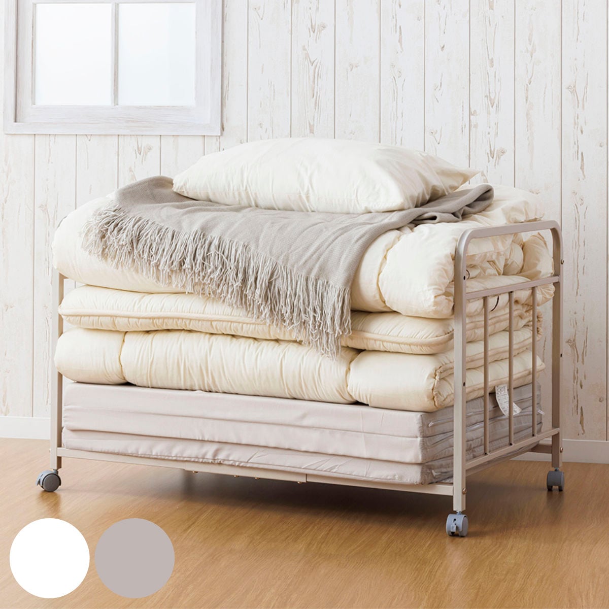 布団収納ラック1段 幅103.5x奥行65.5x高さ63cm キャスター付き 布団 収納 ラック ワゴン ふとん シングル 掛け布団 敷き布団 マットレス 通気性 収納棚 布団ラック