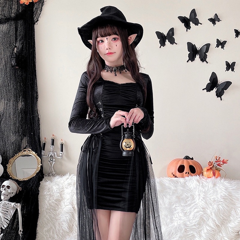 ハロウィンコスチューム マジシャン 魔女 ダーク ゴシック ローブ ステージパフォーマンス ロールプレイ コスプレコスチューム