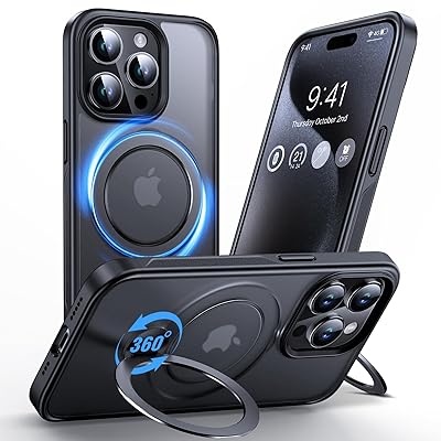 Anqrp iPhone 15 Pro 用 ケース 【MagSafe対応】【定点360 回転スタンド 】耐衝撃 耐久性 スマホケース 18N超強磁力 隠し収納 半透明 米軍MIL規格 ワイヤレス充電