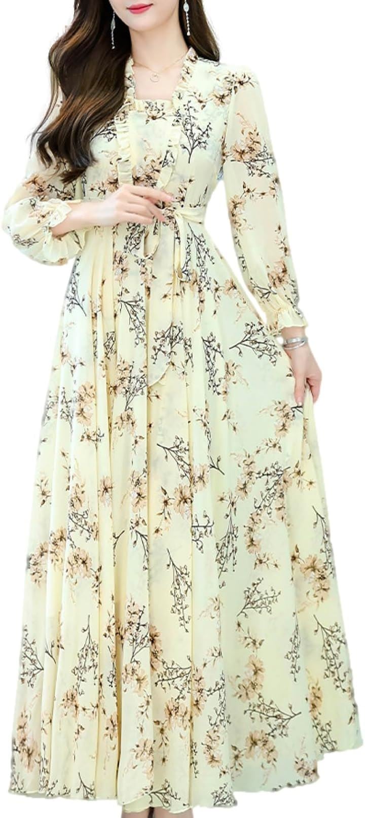 ワンピース レディース 春 秋 ロング きれいめ Aライン 花柄 フリル スクエアネック BN229 YEL( イエロー, M)