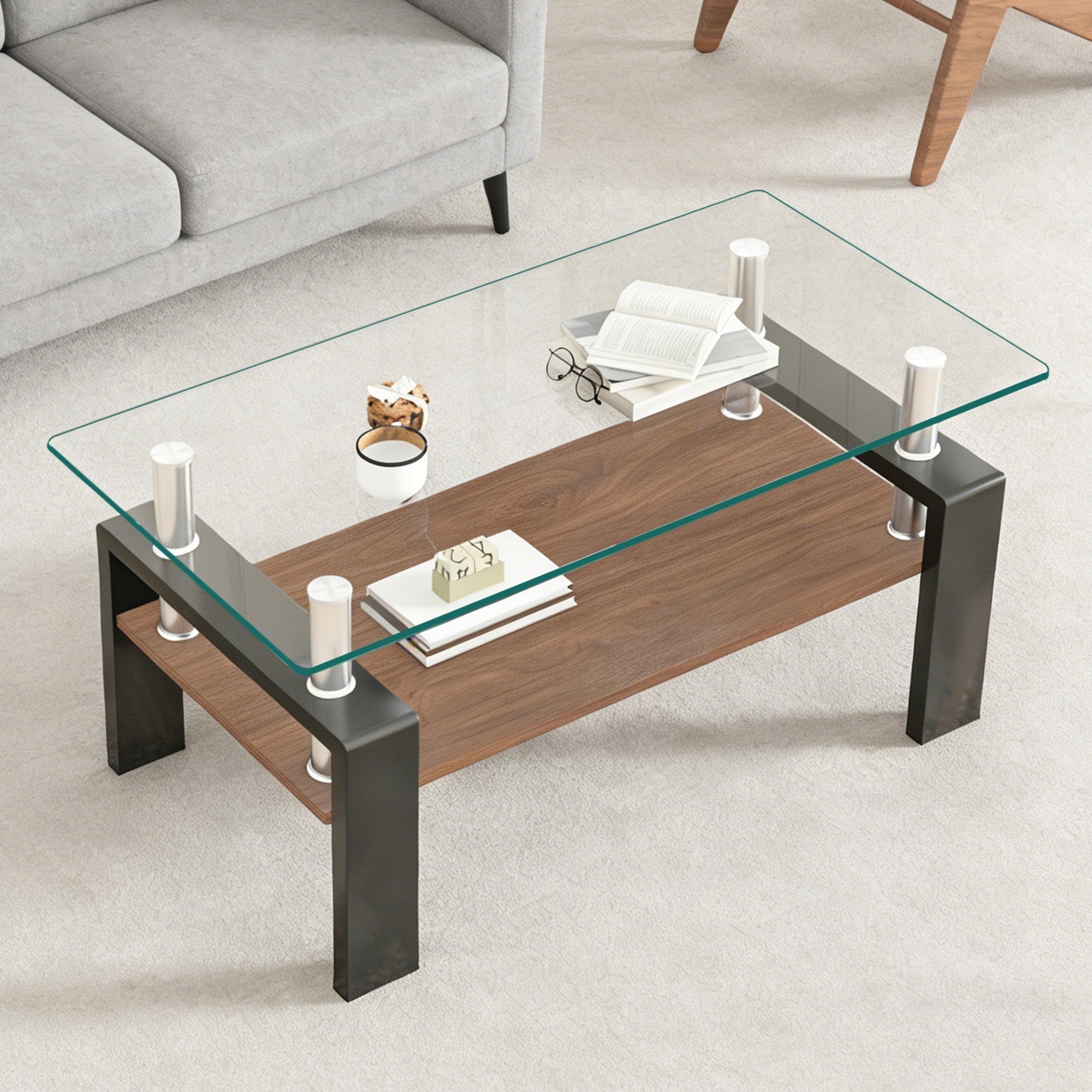 モダン長方形コーヒーテーブル 強化ガラス天板+MDF収納棚 リビング用 クリアガラス+ブラック脚 667