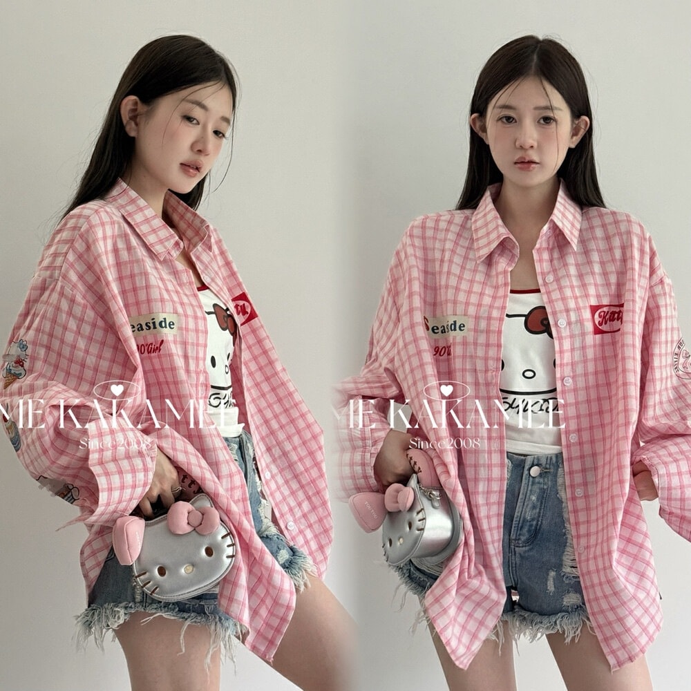 日韩风 流行りの格子柄の大きめサイズの薄いシャツ袖にKTデザインのS36