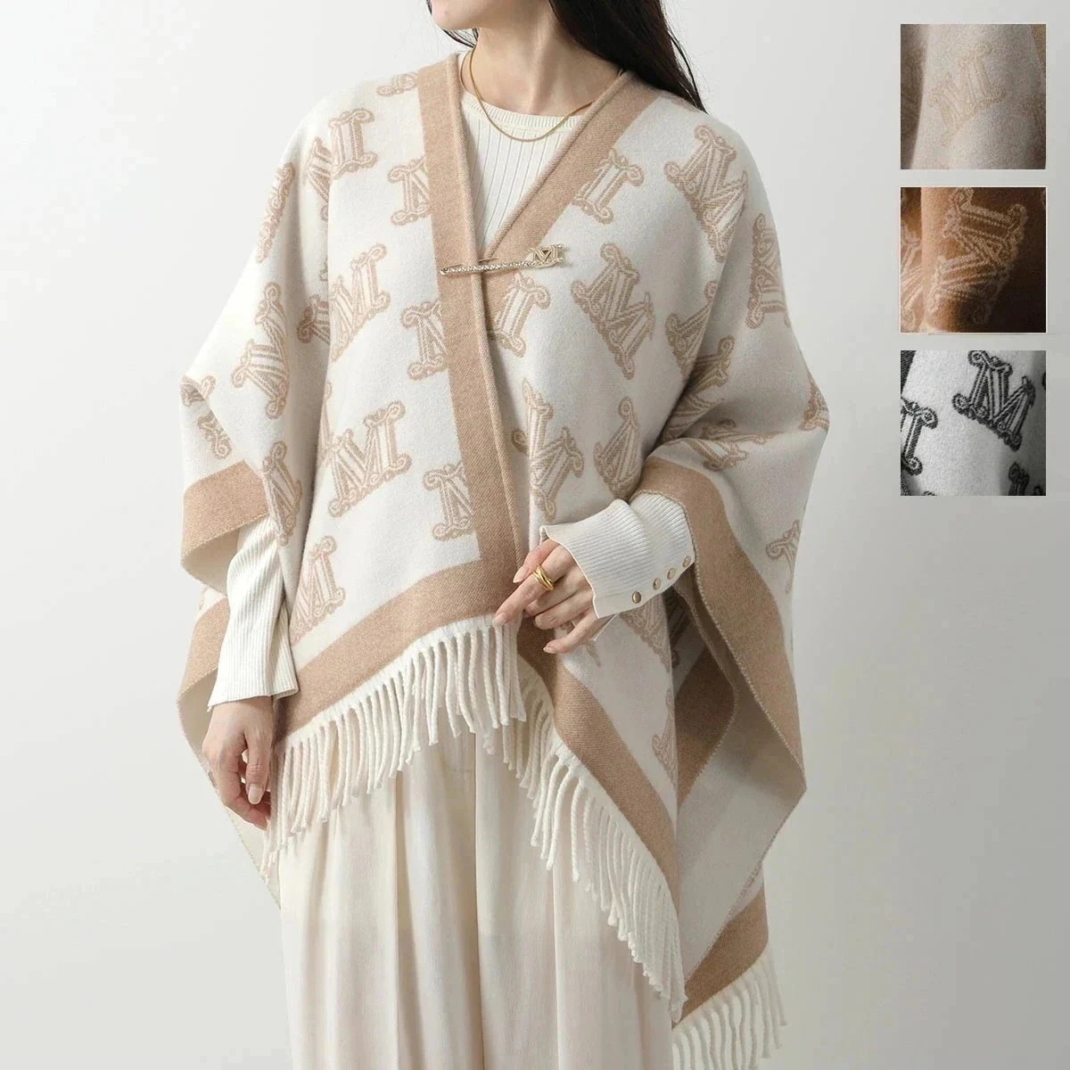 MAX MARA Studio マックスマーラ ステュディオ ケープ FRINESTD フリネスト レディース Mロゴ フリンジ ポンチョ ウール ピンブローチ