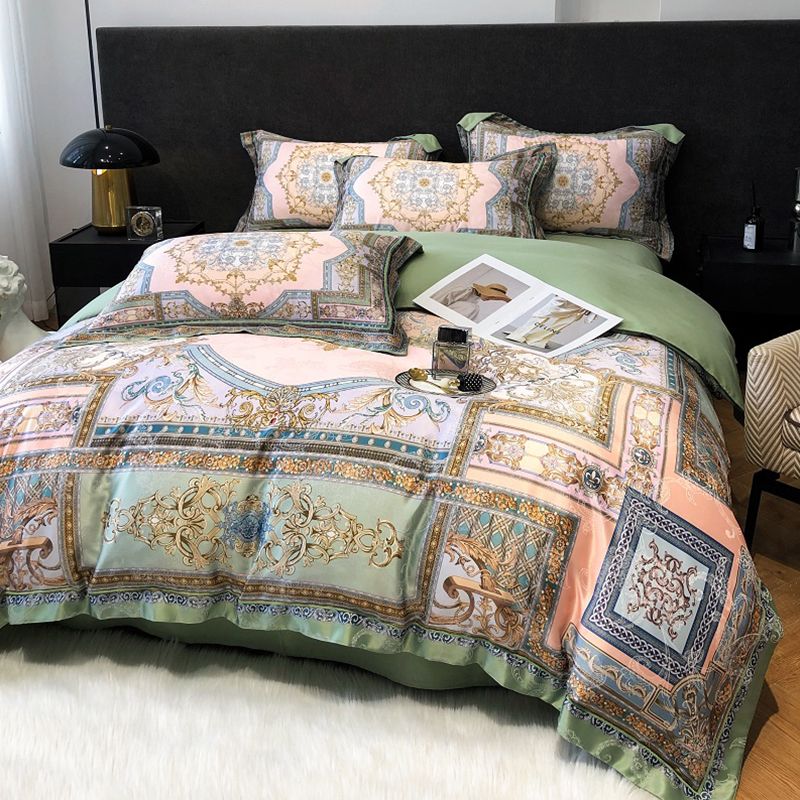 寝具 ベッド用品 カバーセット 4点セット掛け布団カバー ぜいたくなスタイル布団カバー グ 高級プリントとサテンのジャカード布団カバーのセット布団カバー シルクみたい ツルツル艶と