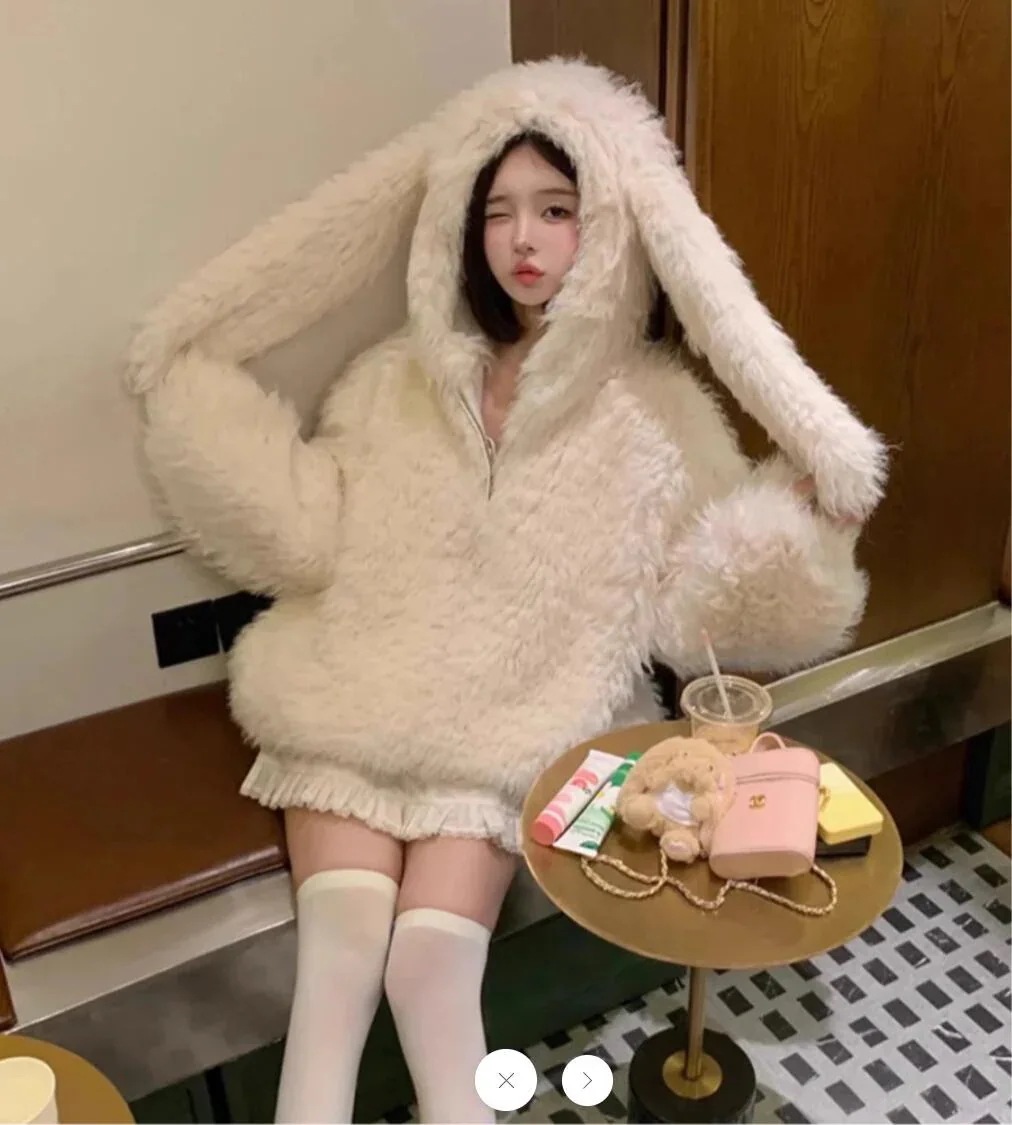 エコファー うさ耳 オーバーサイズ ジップパーカー トップス 羽織り ビッグシルエット ゆったり アウター フード付き カジュアル フェイクファー ふわふわ 韓国ガーリー サブカル うさぎ アニマル