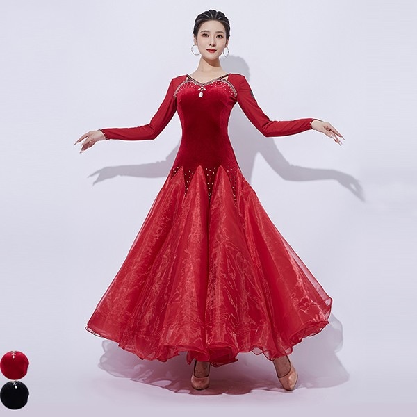 社交ダンスドレス 社交ダンス モダンドレス 大きいサイズ 長袖 広がる裾 スタンダードドレス ワルツダンス ワンピースドレス ダンス衣装 ダンスウェア ステージ衣装 競技会 カラオケ デモ パーティー