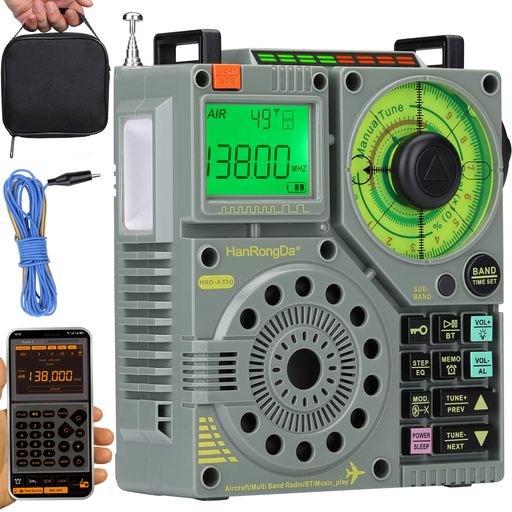 HanRongDa ラジオ AIR/FM/中波/短波/VHF/ワイドFM対応 Bluetoothスピーカー MicroSDカード対応 充電式 懐中電灯 SOSアラーム APPリモコン/タイマー デジタ