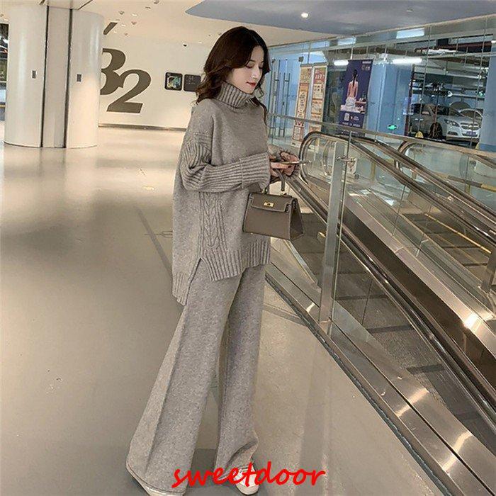 パンツセットアップ ニット レディース 秋 冬 パンツスーツ 上下セット 2点セット トップス セーター ス ガウチョパンツ ハイネック 無地 ゆったり 30代 40代