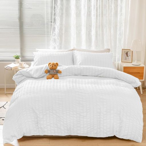 AYO 布団カバー シングル 4点セット フリル付き シアサッカー生地 掛け布団カバー ベッドカバー 枕カバー ボックスシーツ フリル付き 寝具カバーセット かわいい 布団かばー アイボリー 洋式・和