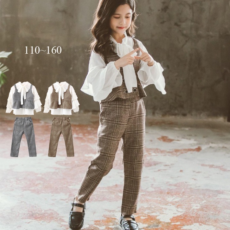 キッズ セットアップ 子供服 女の子 卒業式 パンツスーツ 3点セット シャツ リボン パンツ ベスト チェック フォーマル 結婚式 発表会 入学式 110cm 120cm 130cm スーツ
