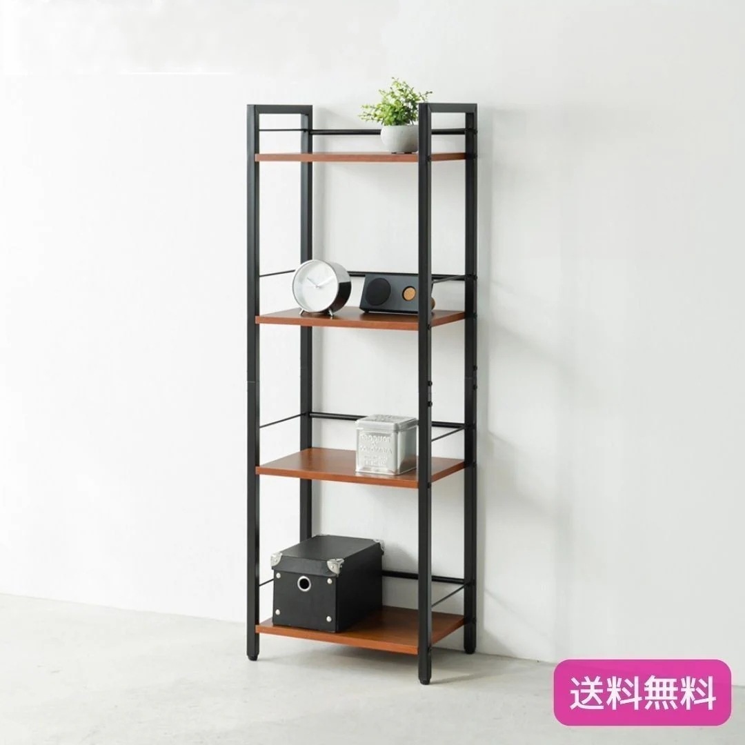 オープンラック シェルフ ブラウン 茶 4段 幅40cm奥行25cm ディスプレイラック 本棚 ウォールナット木目 木製 スチール アイアン オフィス モダン 韓国インテリア 9184