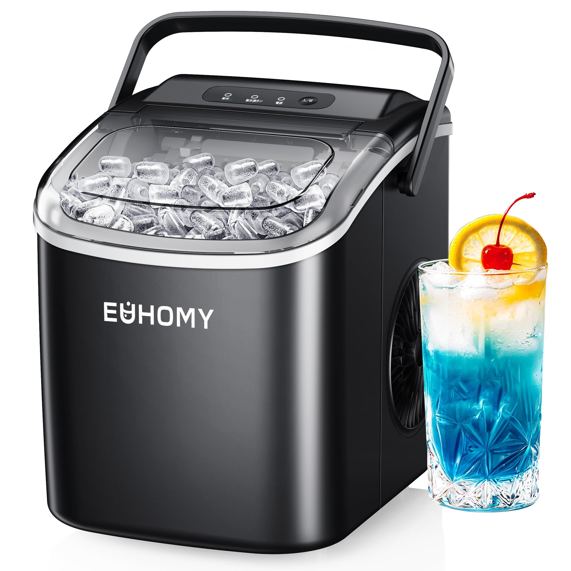 EUHOMY 製氷機 家庭用 【高速製氷 自動洗浄機能 】コンパクト ハンドル付き 日本語パネル 氷バスケット 小型 ミニ製氷機 大容量水タンク 透明窓 取り扱い簡単 軽量 6.2kg 静音 自動停止