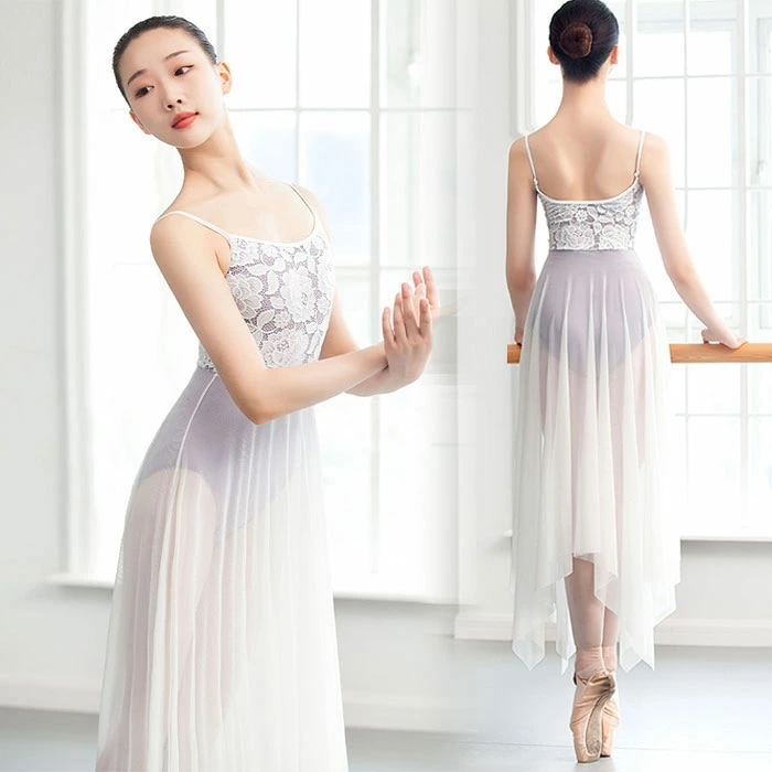 バレエレオタード スカート付き ロング丈 大人 ジュニア 花柄 レース シフォン レッスン着 エレガント 大人用 バレエ レオタード スカートつき スカートあり ダンス かわいい おしゃれ 発表会 ホ