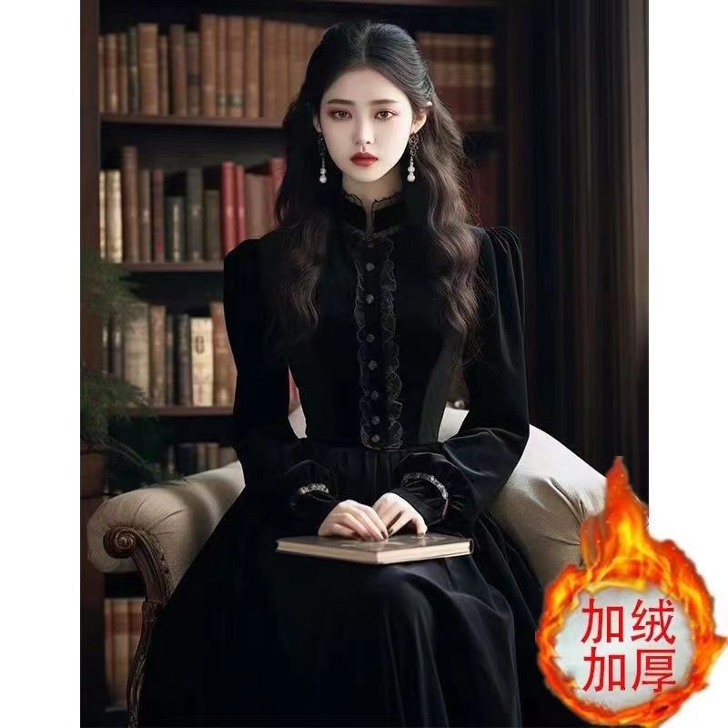 フランスのレトロな宮殿スタイルの黒のベルベットのドレスの女性の宴会ドレス気質スリムロングスカート