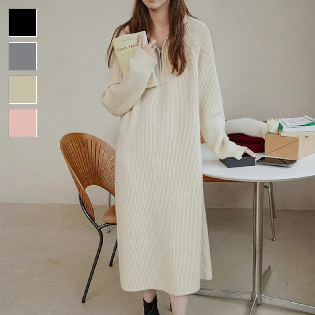 人気楽ちんハーフジップニットワンピース ワンピース ニットワンピース ロングワンピース ハーフジップ ニット長袖 立ち襟 カジュアル 体型カバー ゆったり リラックス デイリーコーデ お家デート 空港