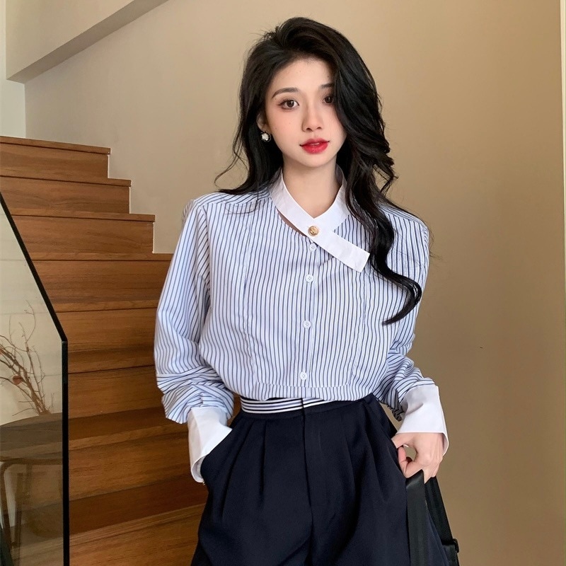 トップス シャツ ミドル丈 袖あり 長袖 スタンドカラー ルーズ 前開き 薄手 大人可愛い きれいめ シンプル カジュアル 大人 上品 お洒落 かっこいい レトロ 大人女子 こなれ感 ラフ クール