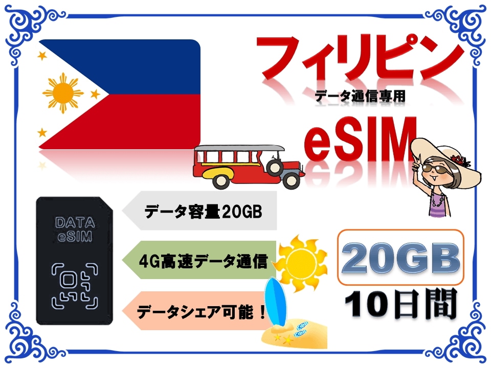 フィリピンeSIM 海外eSIM SIMカード データ容量20GB 4G/LTE データ通信のみ可能 プリペイドeSIM フィリピン旅行 フィリピン出張