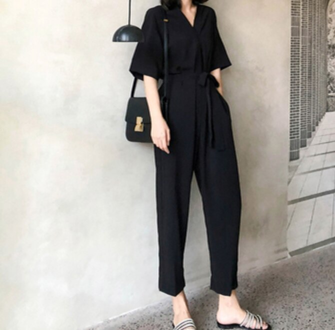 オールインワン レディース ズボン パンツ ５分袖 Vネック 襟付き かわいい 大人可愛い きれいめ シンプル カジュアル 大人 上品 おしゃれ 無地 春 秋 ママ デート コーデ ブラック